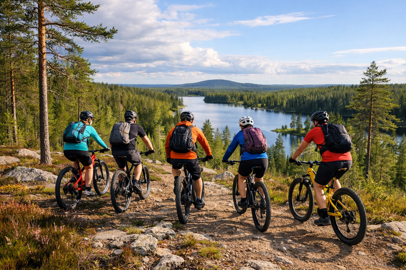 Finnish Landscape with Five Cyclists Riding Mountain Bikes-1